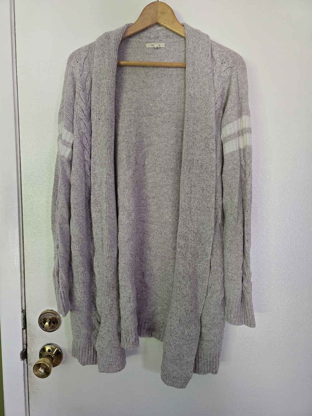 Maurices Light Lavender Open Cardigan with White Sleeve Stripes